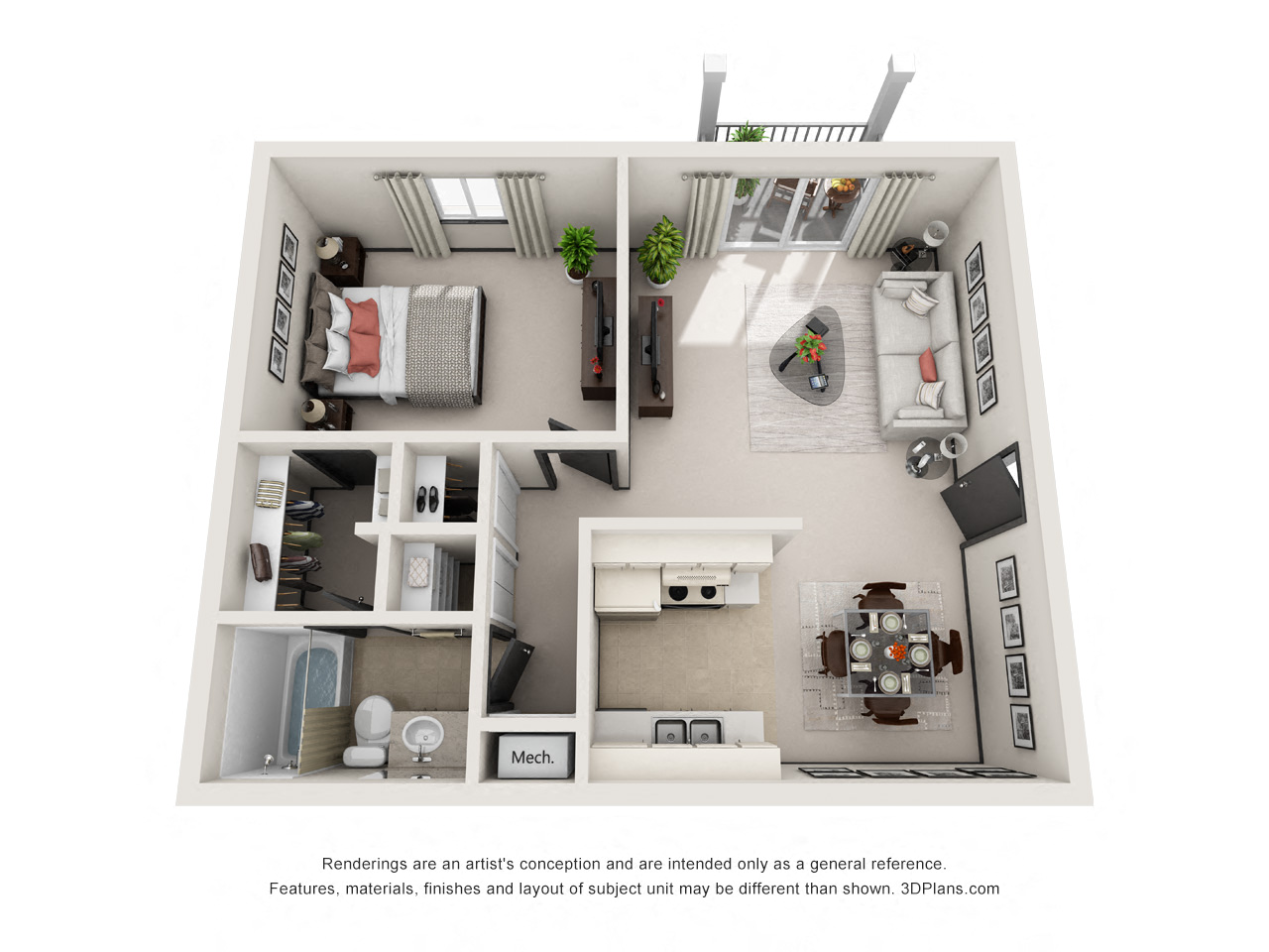 Floor plan for 1 bed, 1 bath, 619 sqft